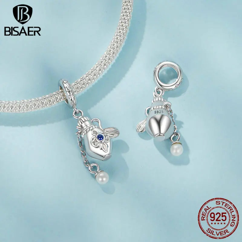 BISAER 925 Sterling Silver Original Certified Vintage Perfume Bottle Charm Pearl Chain Pendant Fit Woman DIY Jewellery Making