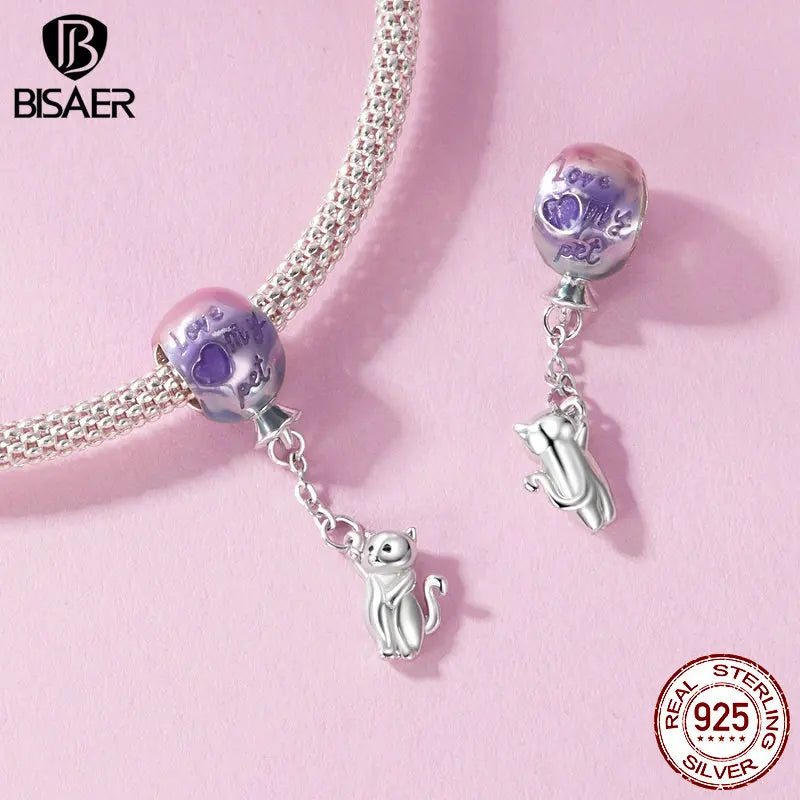 BISAER Pendentif en forme d'étoile en forme de chat mignon en argent sterling 925, breloques en forme de ballon volant, pattes de chat, perles adaptées aux bracelets à faire soi-même pour femme, bijoux fins