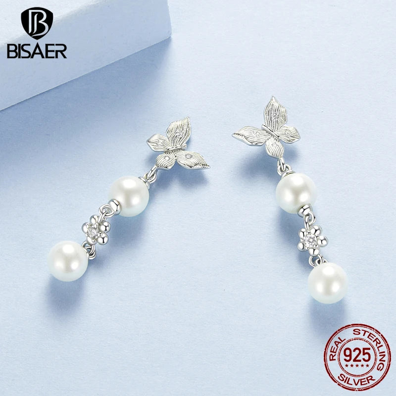 BISAER 925 Sterling Silver Pearl Butterfly Stud Earrings Line Earrings Plated White Gold for Luxury Women Party Fine Jewelry