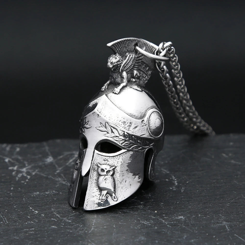 Classic Vintage Greek Spartan Helmet Pendant Necklace For Men Stainless Steel Warrior Mask Bell Necklaces Amulet Jewelry Gifts