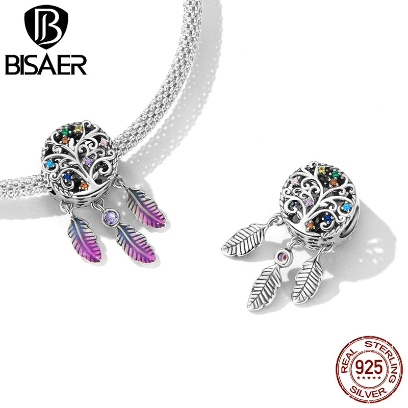 BISAER Real 925 Sterling Silver life Tree Charm Bead Heart-shaped Pendant Fit Women DIY Bracelet Necklace Fine Jewelry ECC2104