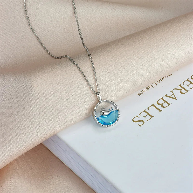 Stainless Steel Chain Classic Shiny Zircon Whale Sea Pendant Necklace for Women Lady Vintage Jewelry Accessories Gifts