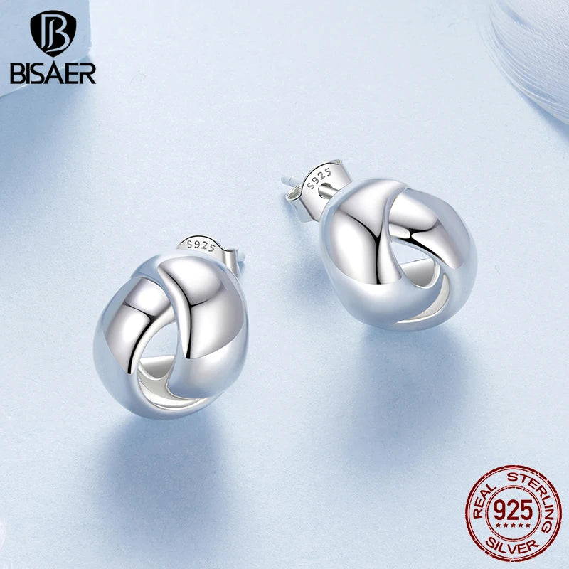 BISAER Real 925 Sterling Silver Minimalist Twsisted Stud Earrings Woven Metal Stud Ear For Women Party Original Fine Jewelry