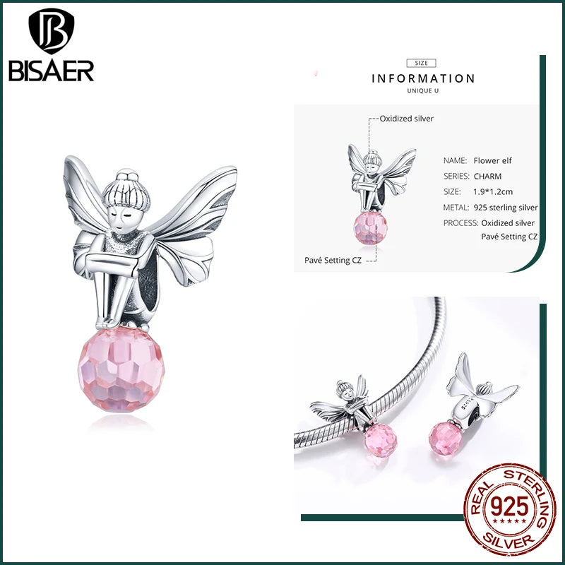 BISAER 925 Sterling Silver Pink Blue Glass Pendant Bow Beads Charm Plated Platinum for Necklace & Bracelet DIY Fine Jewelry Gift