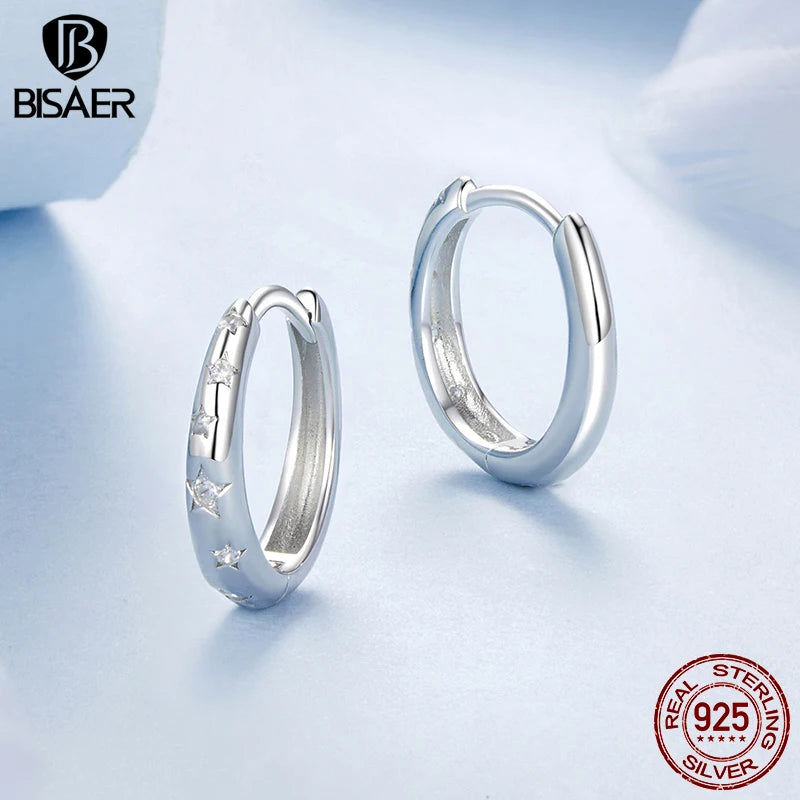 BISAER 925 Sterling Silver Star Hoop Earrings For Woman Pave Setting Zircon Buckles Earrings Plated White Gold Fine Jewelry