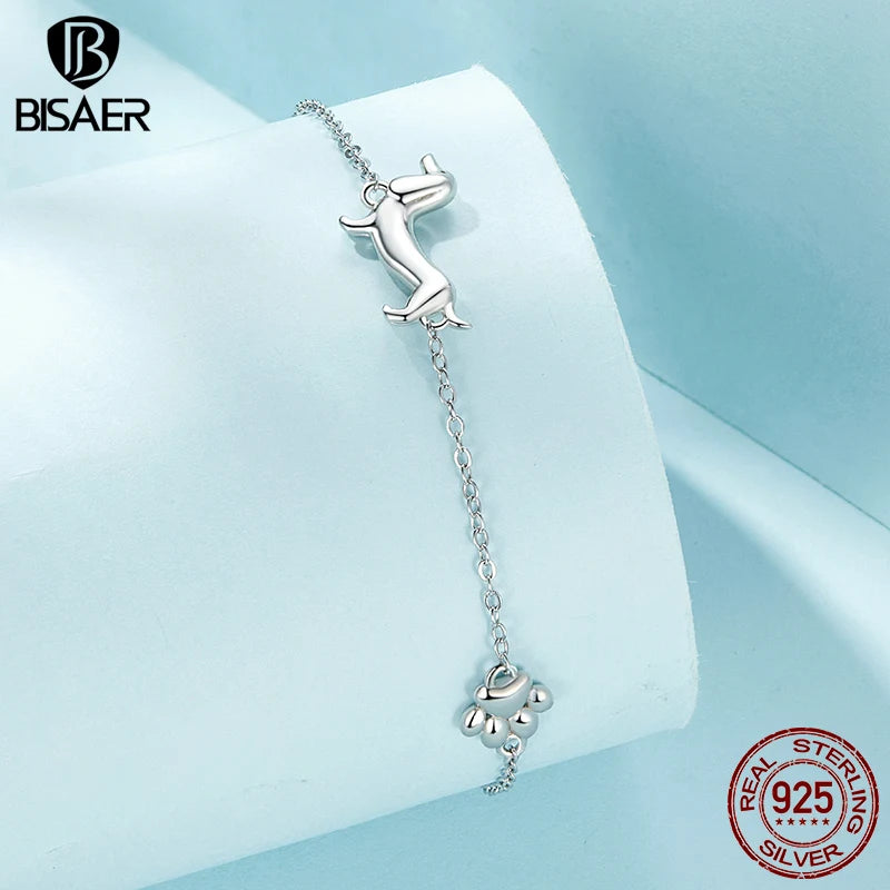 Pulsera BISAER 100 % de plata de ley 925 con forma de perro salchicha, brazalete chapado en platino para mujer, joyería fina para fiestas ECB262