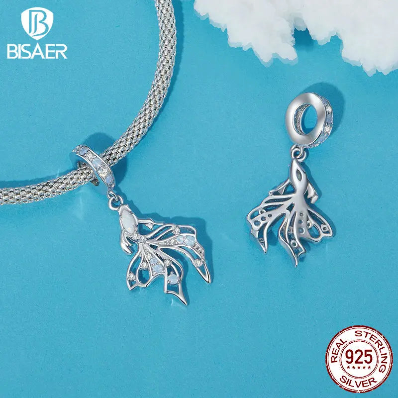 BISAER 925 Argent Sterling Fantaisie Méduse Breloque Perle Betta Poisson Queue Coeur Pendentif Fit Femme Plage Fête DIY Bracelet Bijoux