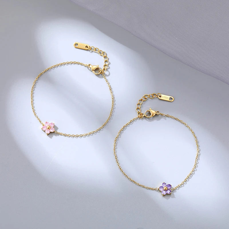 New Stainless Steel 16K Gold Plated Colorful Cubic Zirconia Flower Bracelet  for Women Girls Waterproof Dainty Bracelet Jewelry