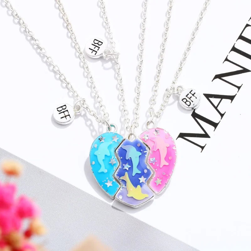 Friendship Best Friend Necklace for 3 Girls Magnetic Dolphine Matching Heart Pendant BFF Necklaces for Sister Animal Jewelry