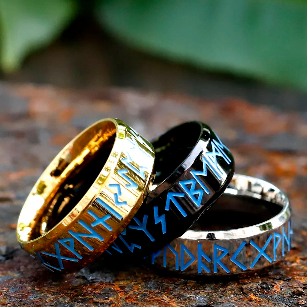 2023 New 316L Stainless Steel Viking Blue rune letters  Ring For Men Fashion retro Amulet fashion Jewelry Gift free shipping