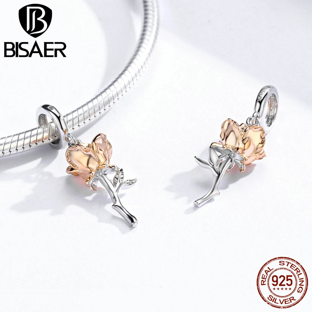 BISAER 925 Sterling Silber Rose Gold Charm Bead Herz Blume Anhänger Für Mädchen Armband DIY Muttertag Geburtstag Edlen Schmuck