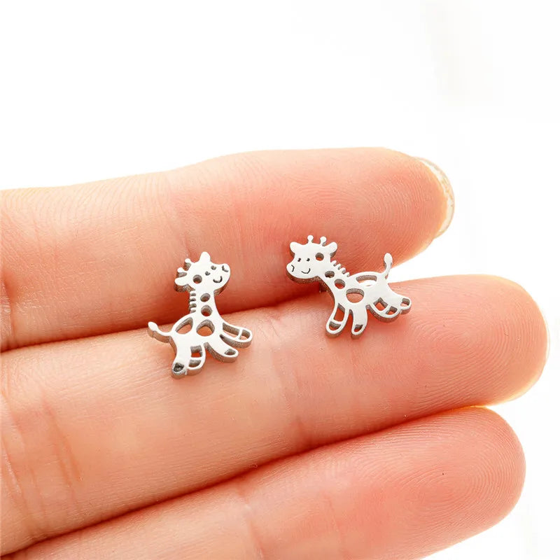 Cute Animal Stainless Steel Earrings Women Fashion 2024 Jewelry Horse Shark Dinosaur Swallow Earings Small Cat Ear Studs Bijoux