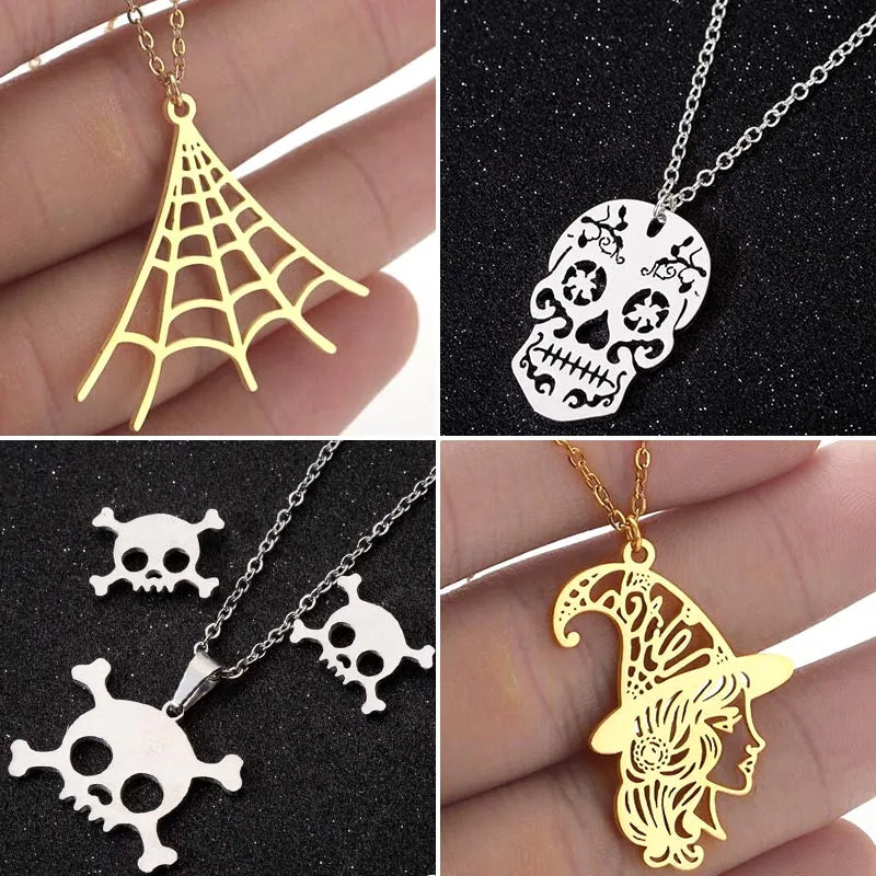 SMJEL Halloween Necklace Stainless Steel Spider Web Witch Ghost Skeleton Skull Pendant Necklace Men Jewelry Gift