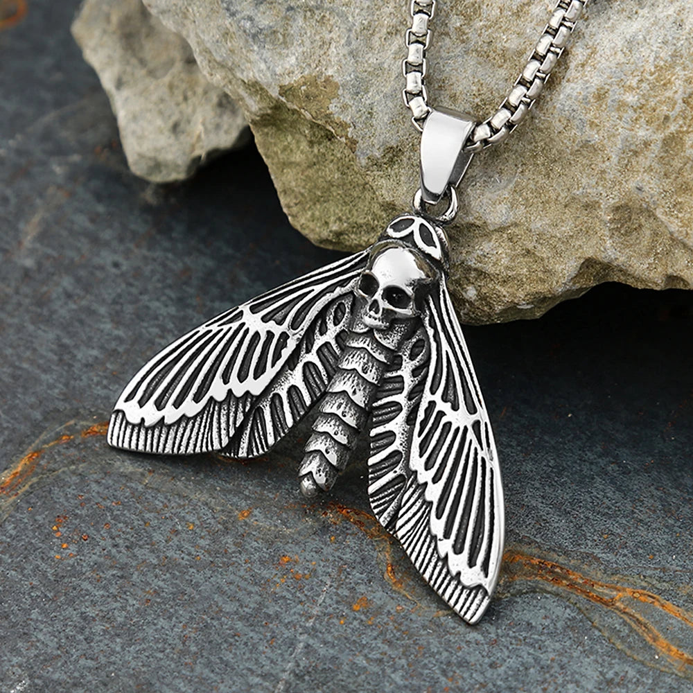 Gothic Vintage Death Moth Pendant Necklace For Men Women Punk Stainless Steel Butterfly Skull Necklaces Biker Animal Jewelry