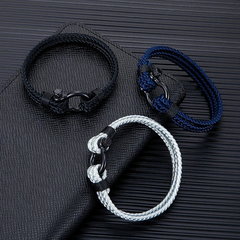 MKENDN Men Black Stainless Steel Horseshoe Buckle Bracelet Olive Green Keel Rope Bracelet For Women Friendship Gifts