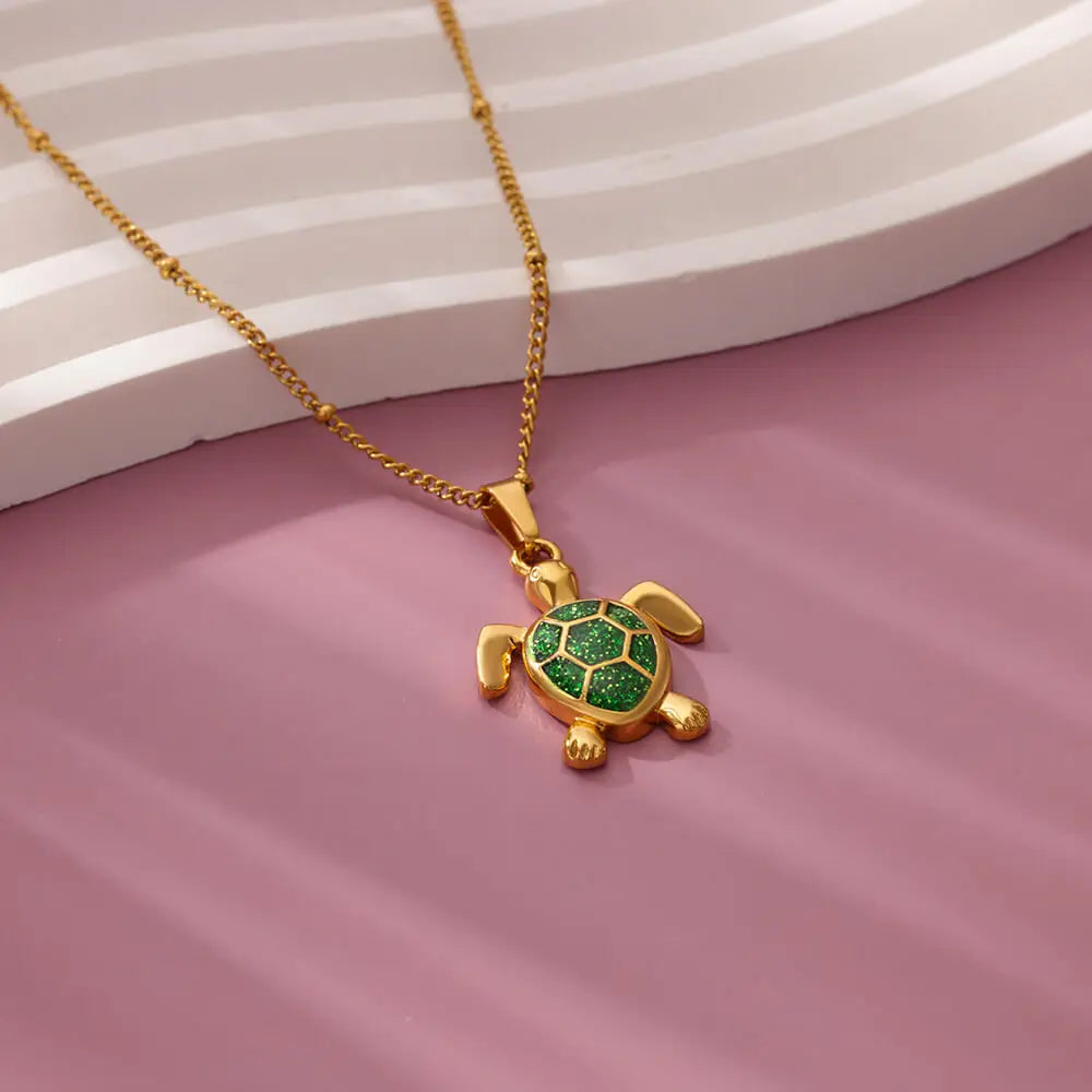 Colored Turtle Pendant Necklace for Women Summer Beach Female Charm Necklace Beads Chain Cute Stainless Steel Jewelry collar