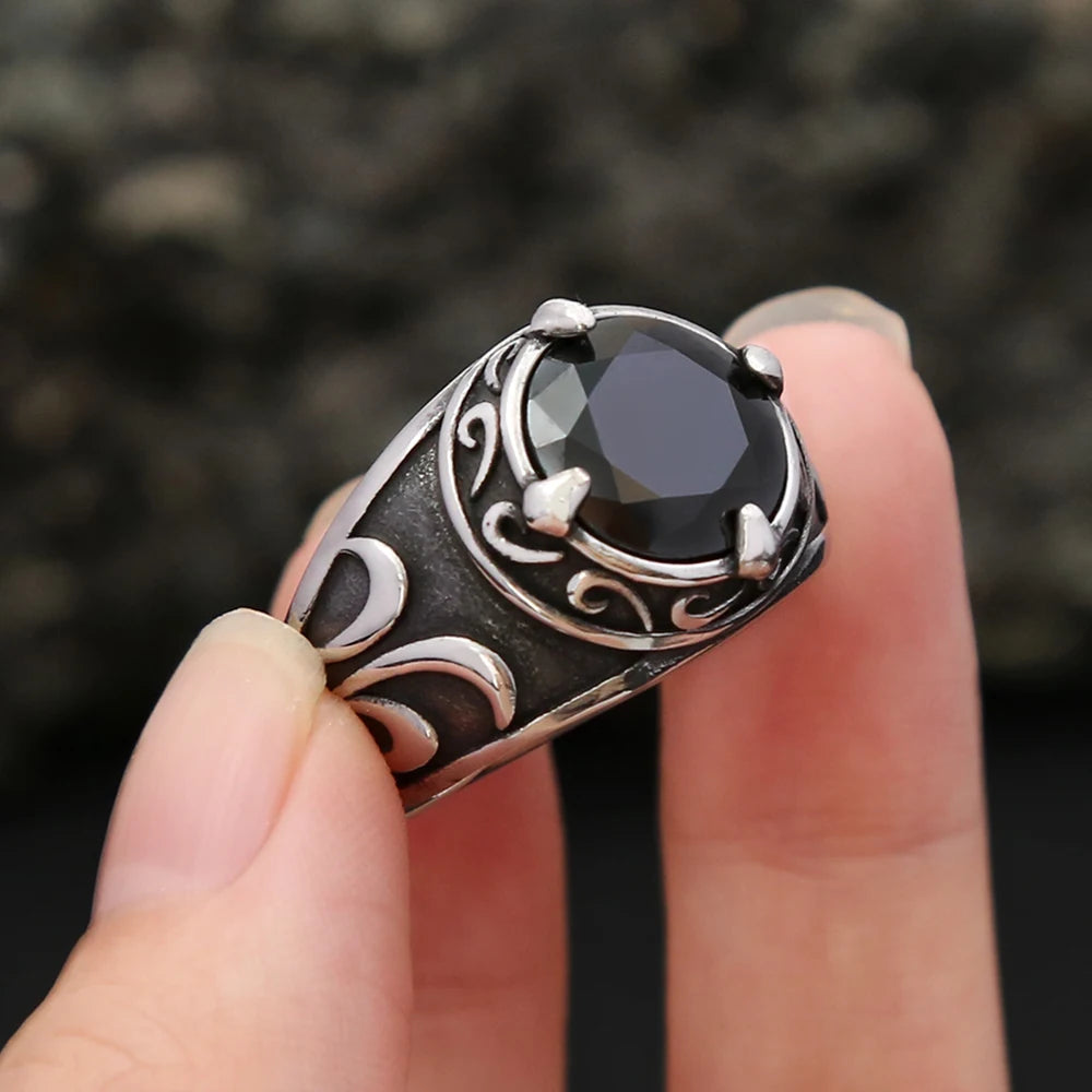 Fashion Vintage Stainless Steel Black Stone Rings For Men Women Stainless Steel Engraved Flowers Ring Punk Party Jewelry Gifts