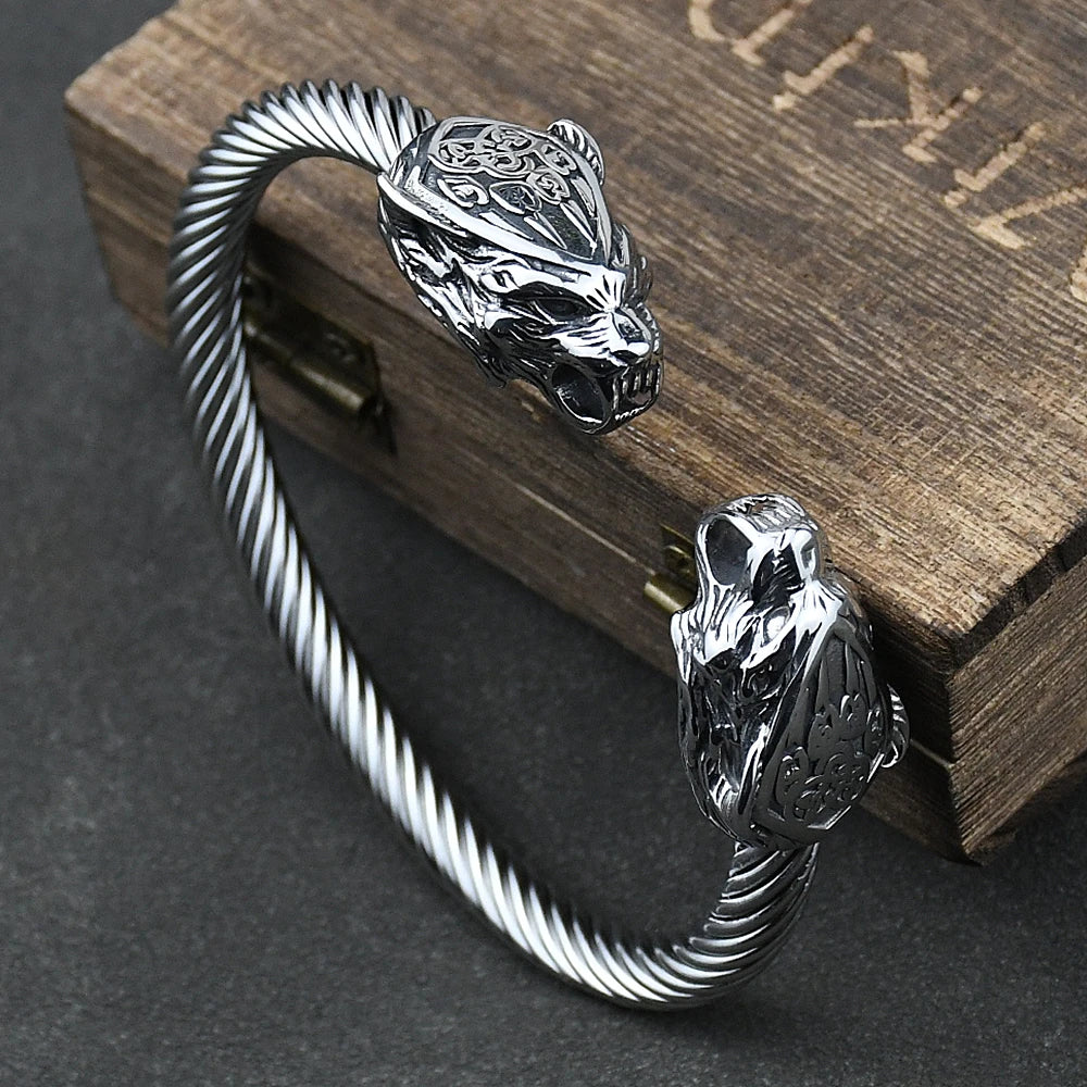 Men Stainless Steel Viking Wolf Geri and Freki Bear Paw Head Bangle amulet Bracelets for Male Gift