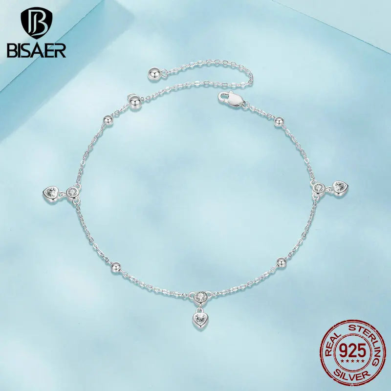 BISAER 925 Sterling Silver Heart Fringe Anklets Réglable Chain Anklets Plaqué Or Blanc Pour Femmes Fête Fine Jewelry Vacances