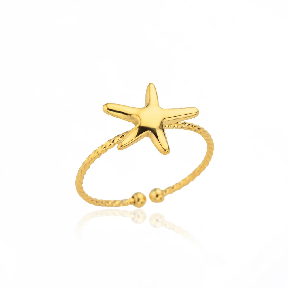 Ocean Starfish Shell Open Rings For Women Men Gold Color Stainless Steel Ring Wedding Couple Engaement Jewelry Summer Beach Gift