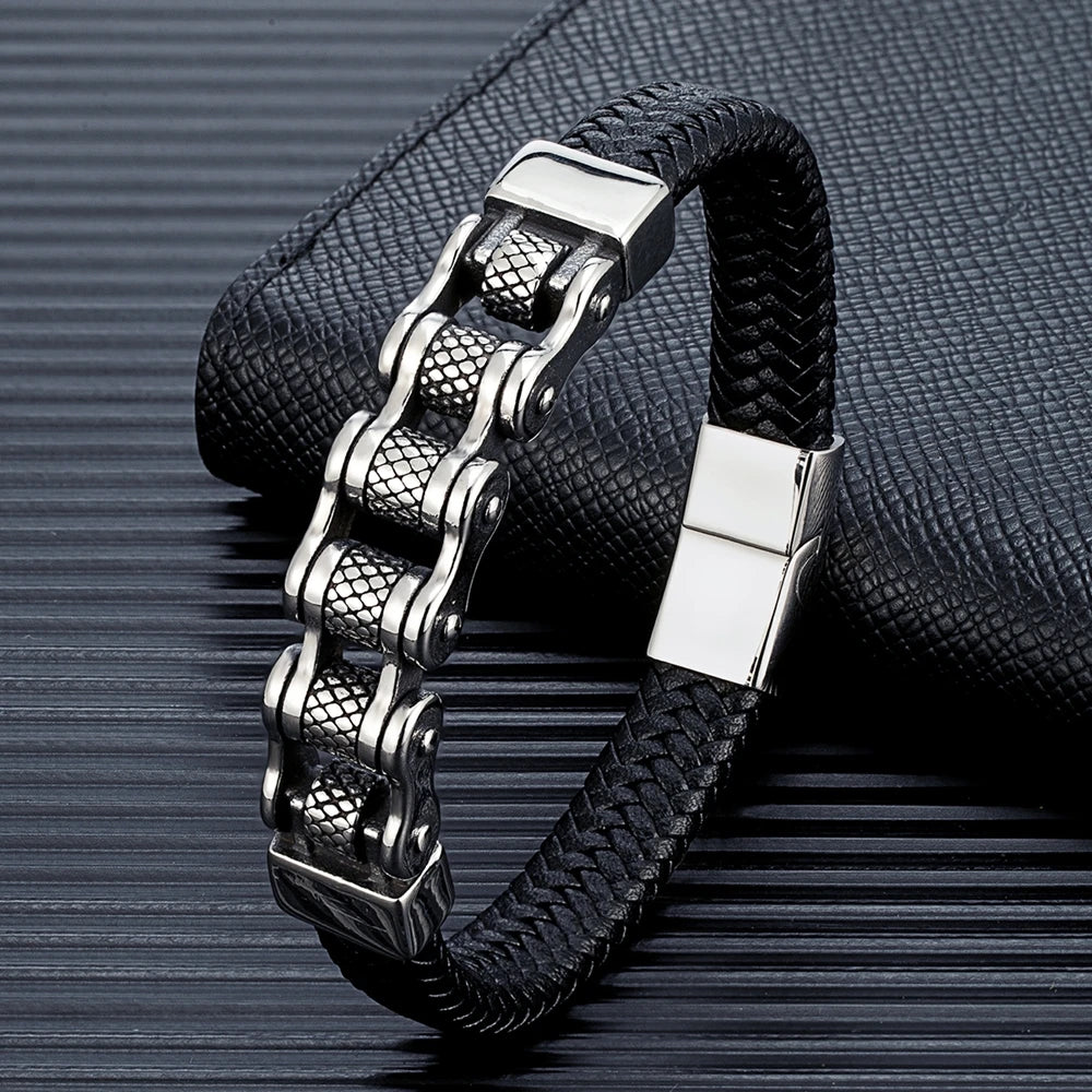 MKENDN Punk Men Biker Chain Braided Genuine Leather Bracelet Stainless Steel Magnetic Buckle Bracelet Gifts Homme Pulseras