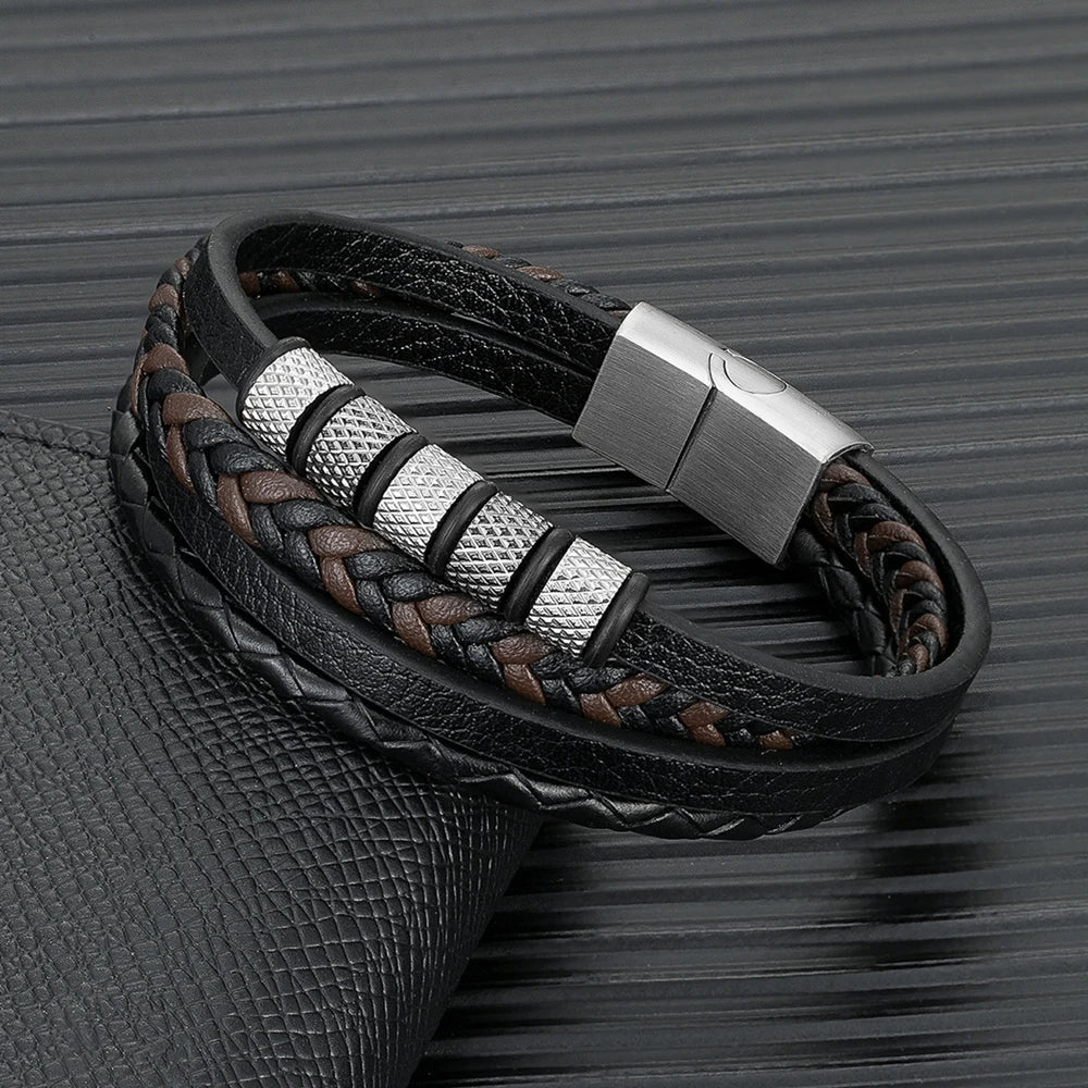 MKENDN Luxury Stainless Steel Beaded Bracelet Punk Men's Classic Multilayer Braided Leather Bracelet Black Buckle Homme Pulseras