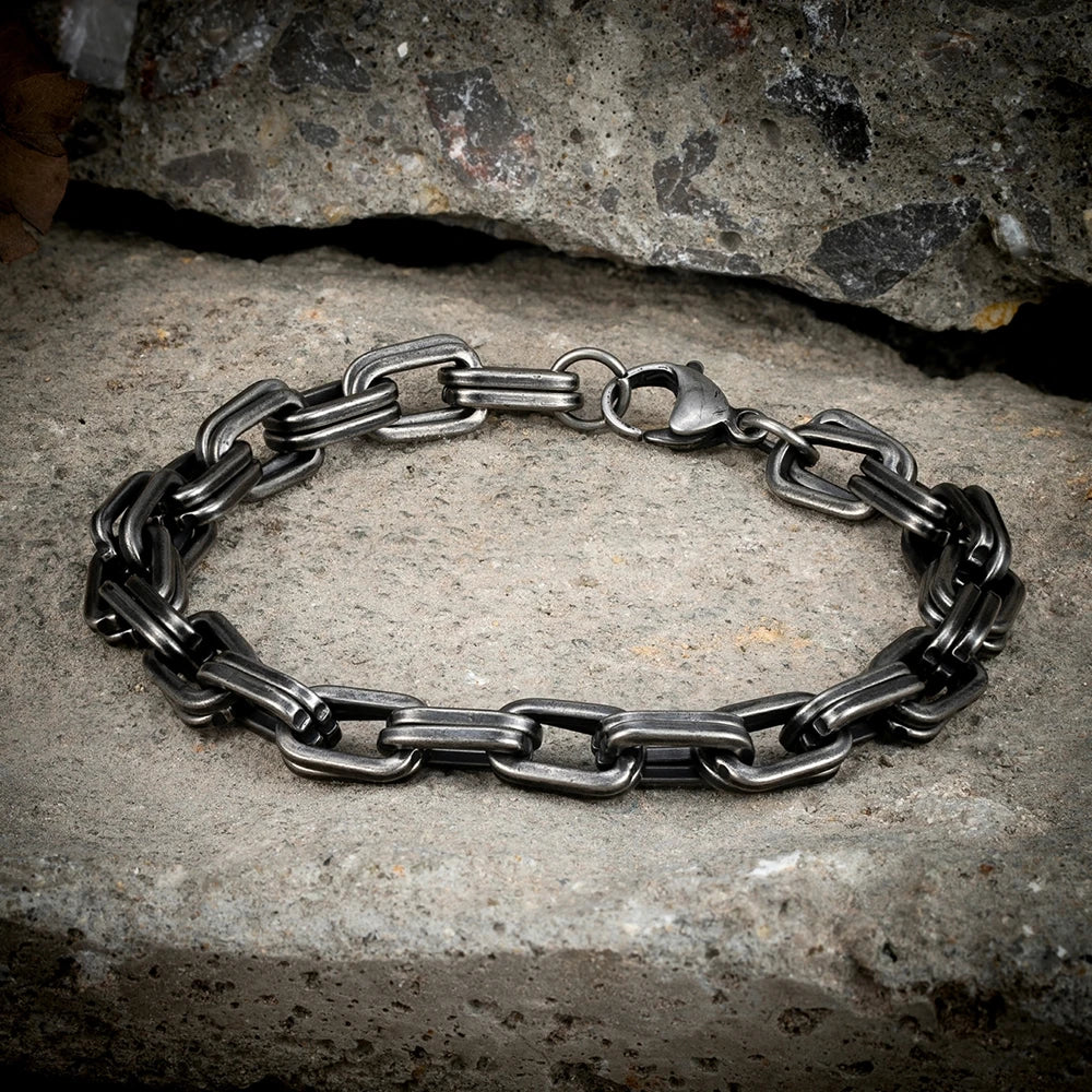 MKENDN Vintage Oxidized Black Double Lock Link Chain Bracelets for Men Stainless Steel Punk Motorcycle Charm Bracelets Male Puls