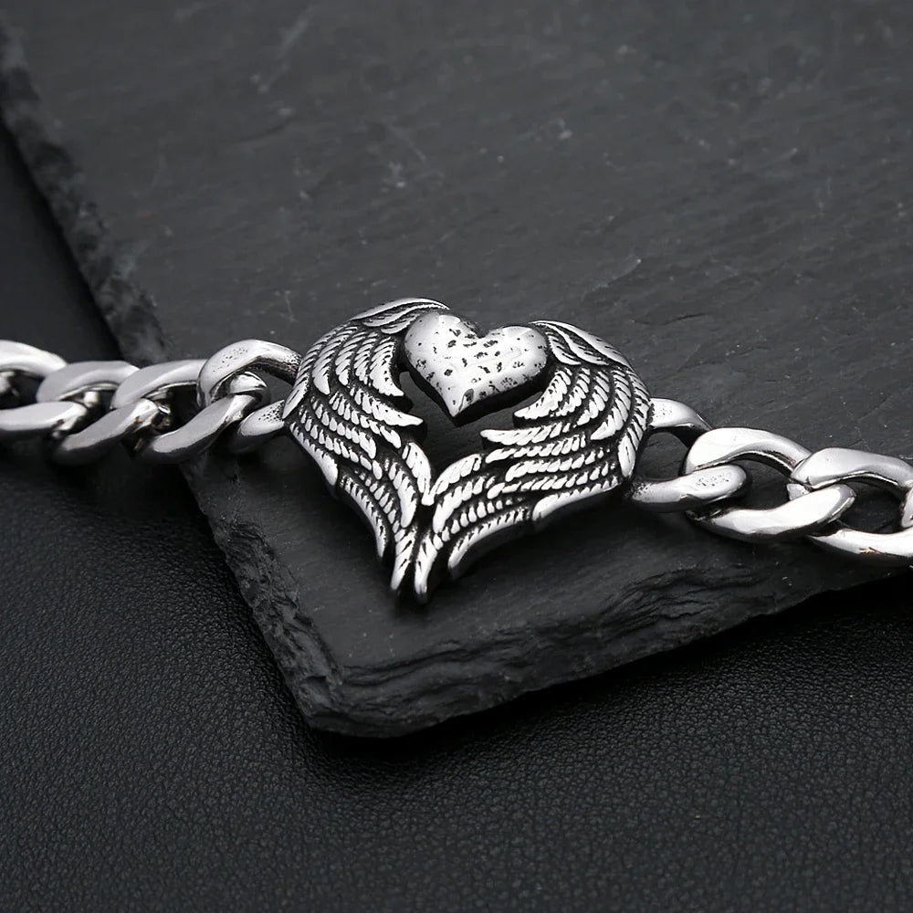 New Style Stainless Steel Angel Wings Love Bracelet Fashion Punk Feather Heart Bangles For Men Women Charm Biker Jewelry Gifts