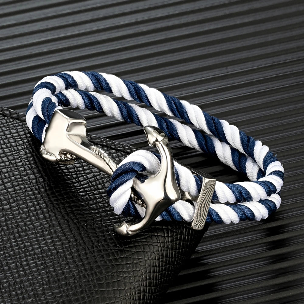 MKENDN Navy Style Anchor Bracelets Men Women Double Strand Mulitcolor Nautical Surfer Rope Bracelet Stainless Steel Boat Hook