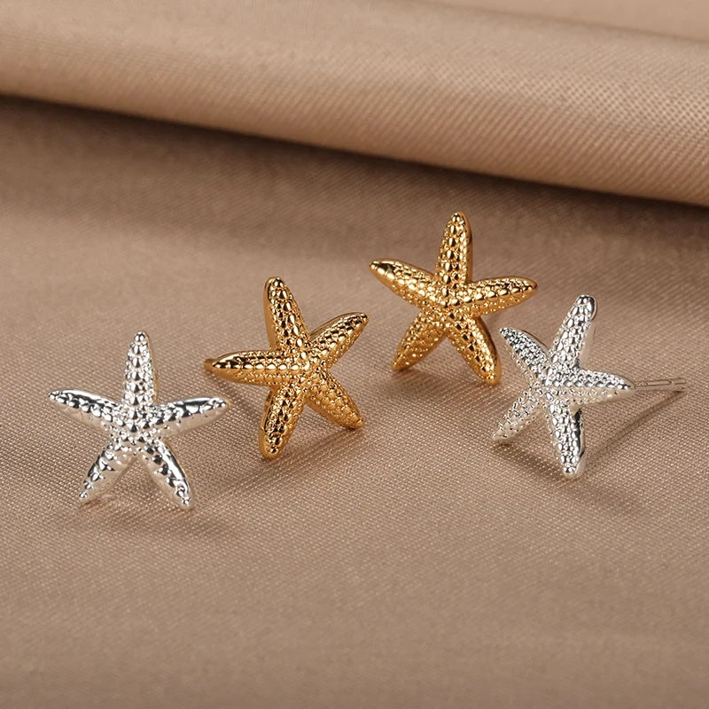 Vintage Summer Starfish Stainless Steel Stud Earrings For Women Simple Star Shell Earrings Stud Ocean Party Jewelry Gift 2024