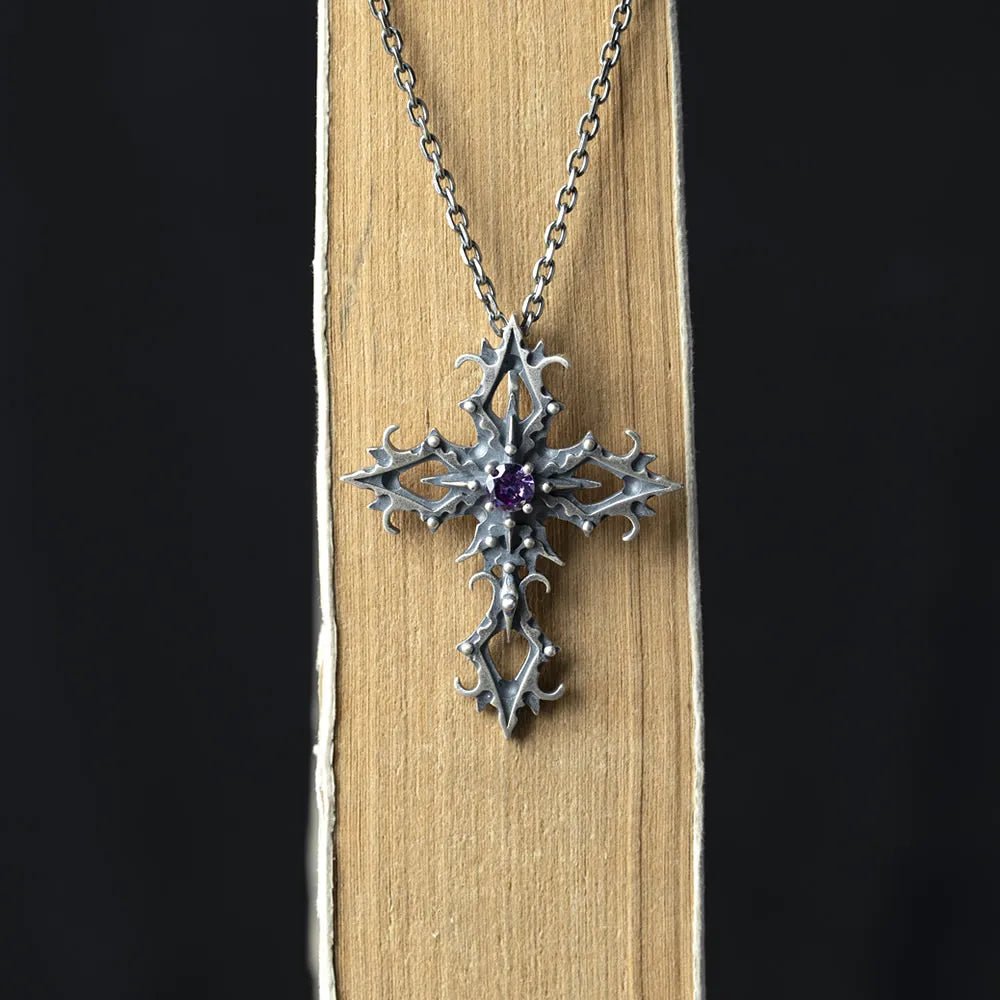 MKENDN 100% 925 Sterling Silver Creative Design Retro Purple Zircon Cross Pendant Necklace For Men Women Gothic Jewelry Gifts