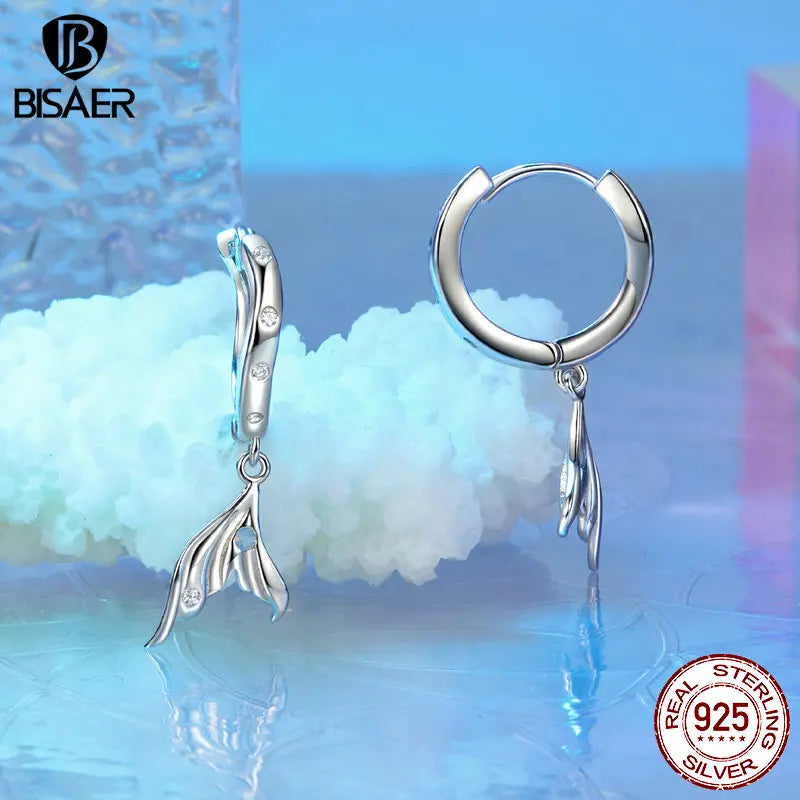 BISAER 100% 925 Sterling Silver Fish Tail Hoop Earrings For Beach Party Women Blue Zircon Earring Plated White Gold Fine Jewelry