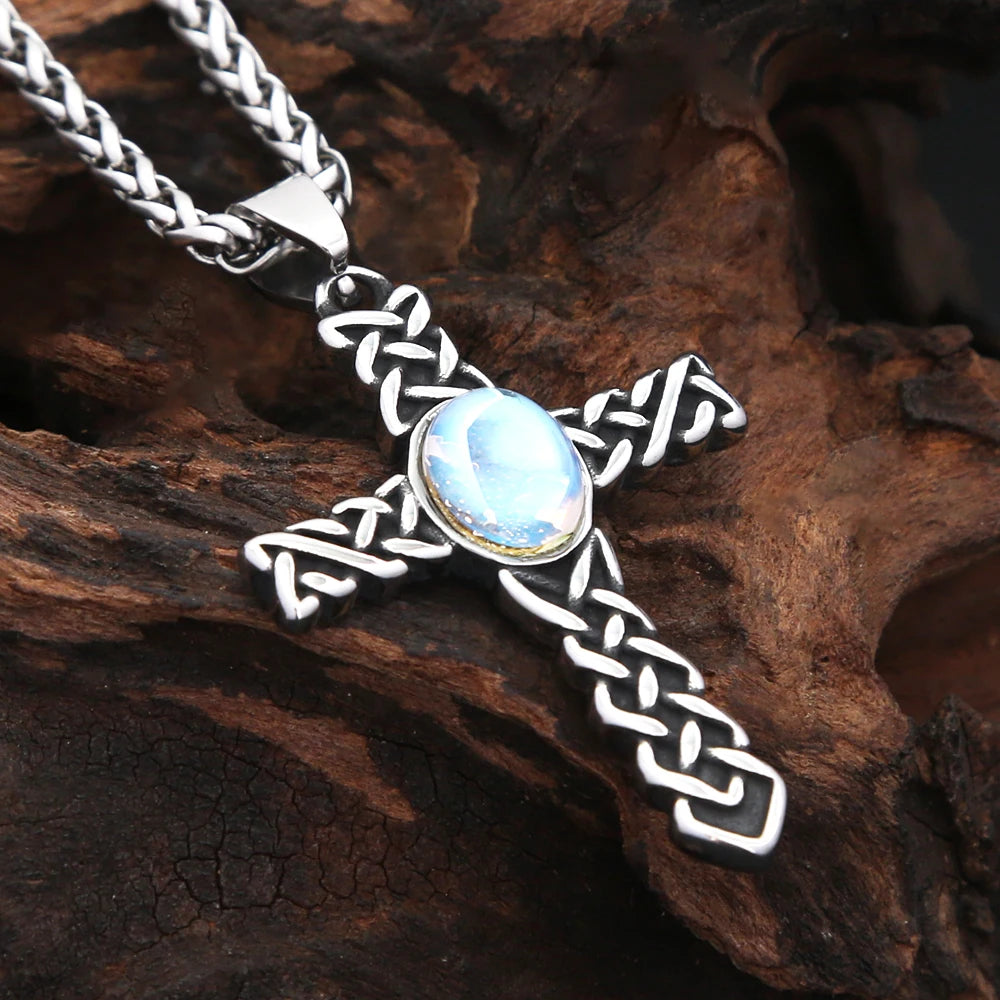 New Fashion Viking Celtics Knots Cross Pendant Necklace For Men Women Stainless Steel Gemstone Necklaces Nordic Amulet Jewelry