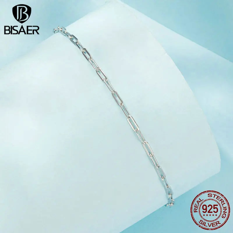 BISAER 925 Sterling Silver Simple Square Bracelet Adjustable Chain Plated White Gold for Women Party Fine Jewelry Gift ECB286