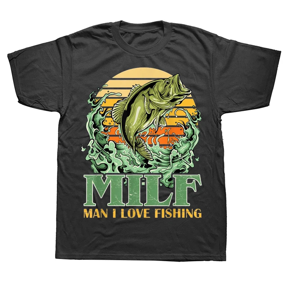 MILF Mann Ich liebe Angeln Lustige Sprüche Geschenk für Fischer T-Shirts Sommer Baumwolle Streetwear Kurzarm T-Shirt Herren Kleidung