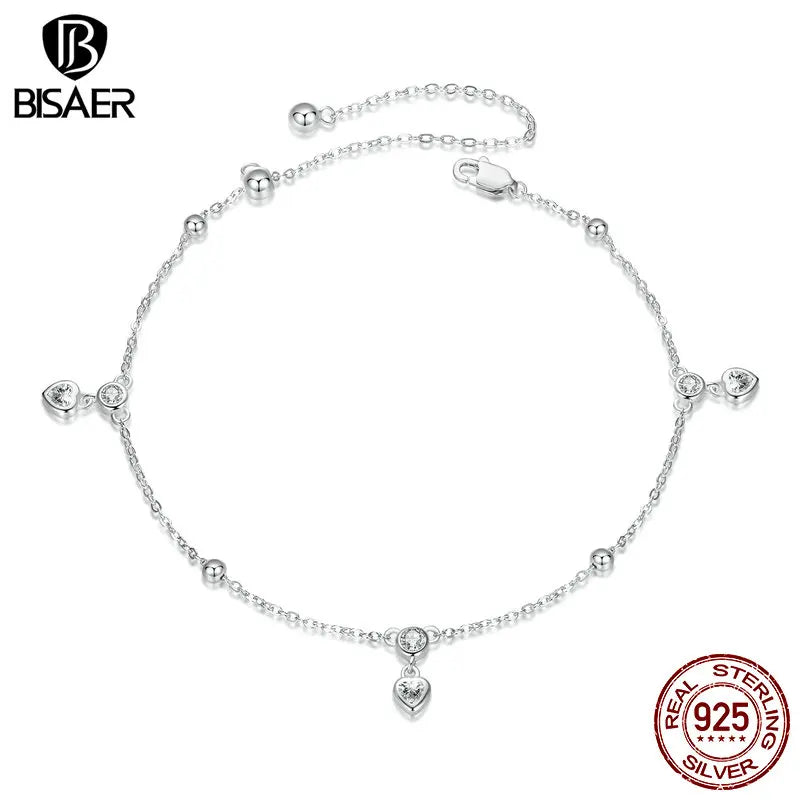 BISAER 925 Sterling Silver Heart Fringe Anklets Réglable Chain Anklets Plaqué Or Blanc Pour Femmes Fête Fine Jewelry Vacances