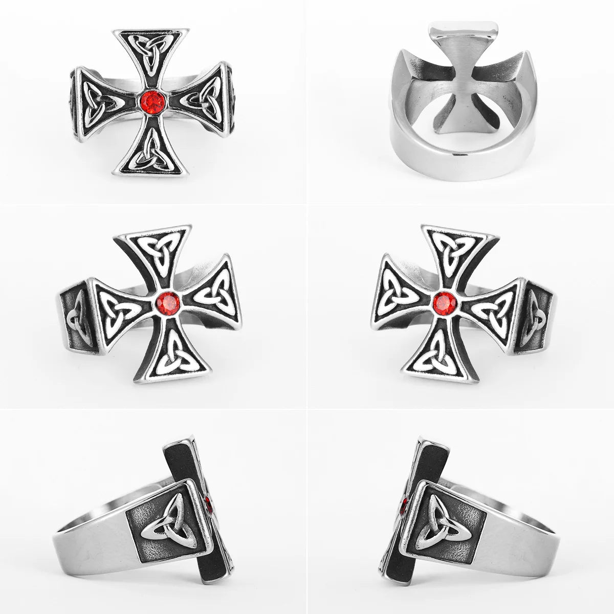 Celtic Knot Ring Cross Red Stone Mens Ring Stainless Steel Rock Nordic Amulet for Male Boyfriend Biker Jewelry Gift Wholesale