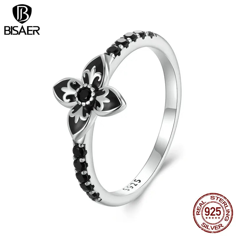 BISAER 925 Sterling Silver Nightfall Flower Ring Statement Black Zircon Band for Woman Party Original Fine Jewelry Gift ECR1075