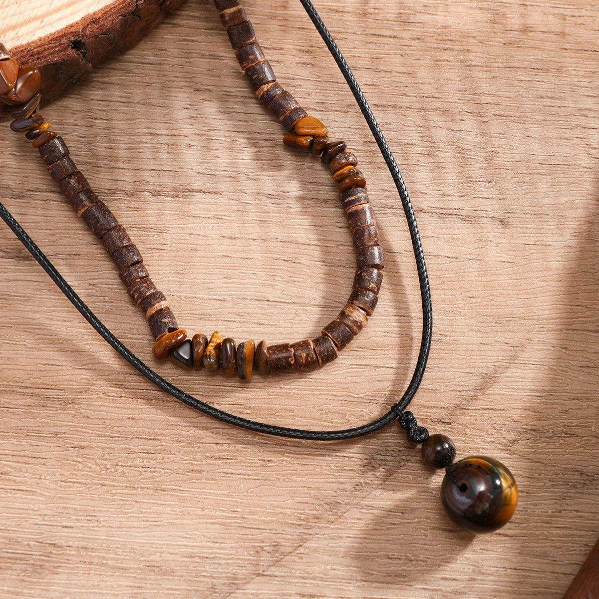 Stone and Wood Bead Pendant Necklace for Men