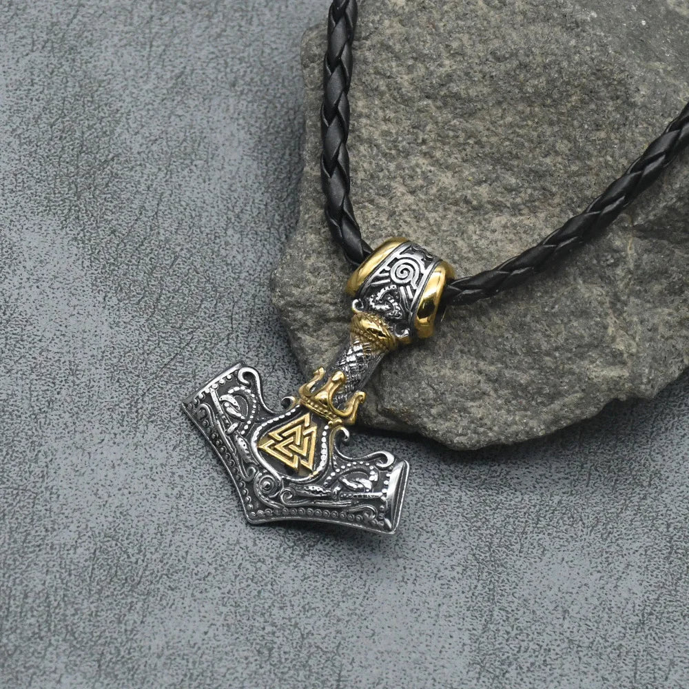 Norse Rune Viking Valknut Pendant Necklace Men Vintage Stainless Steel Mjolnir Thor's Hammer Talisman Jewelry