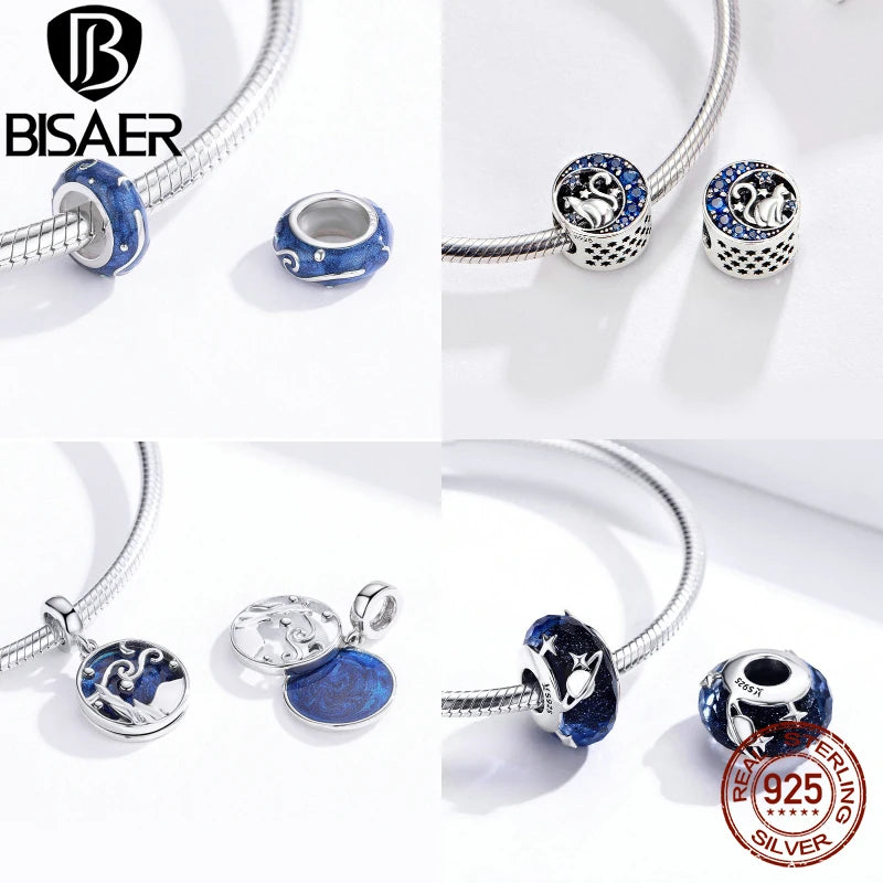 BISAER 100% 925 plata esterlina azul encantos cuentas galaxia estrella luna copo de nieve perlas colgante ajuste mujeres DIY pulseras joyería fina