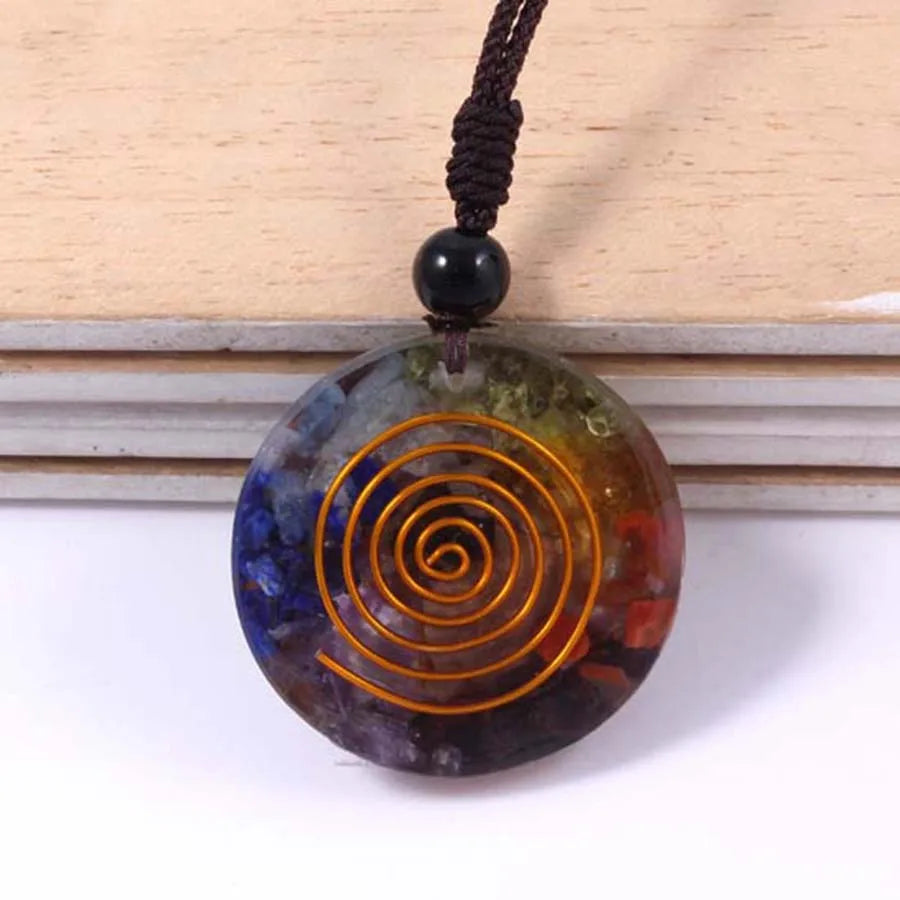 Natural Healing Crystal 7 Chakra Reiki Round Circle Shape Ammonite Resin Chip Stone Pendant Necklace Women Men Christmas Gifts