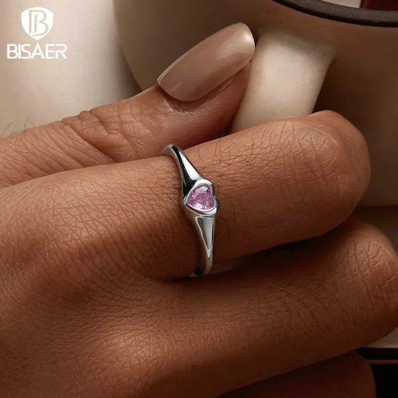 BISAER 925 Sterling Silver Pink Heart Angel Wing Open Ring Size 5-9 Eternity Band Plated Platinum for Women Party Fine Jewelry