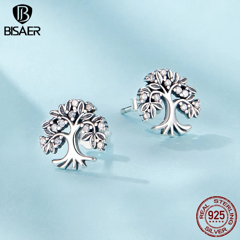 BISAER 925 Sterling Silver Tree of Life Stud Earrings Zircon Ear Clip Plated Gold For Women Original Design Fine Jewelry ECE1814