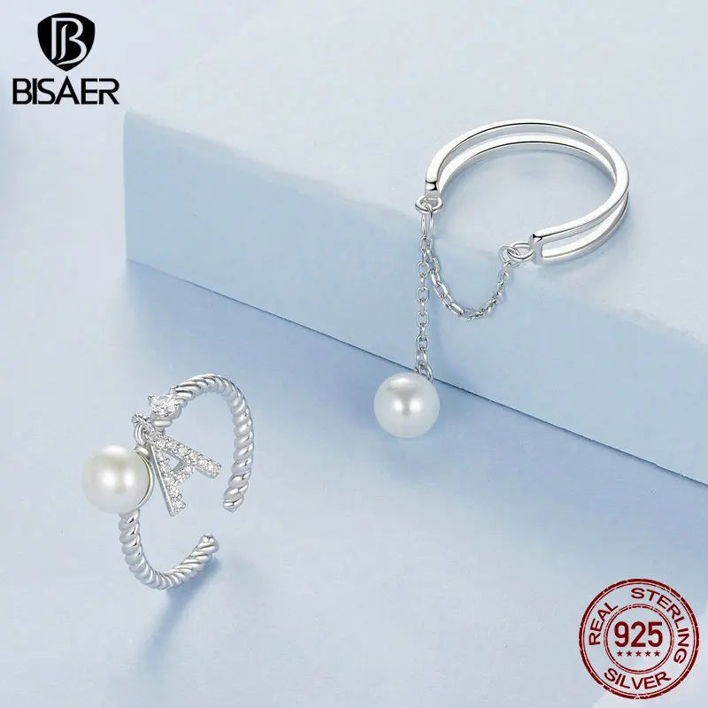 BISAER 925 Sterling Silver Pearl Tassel Open Ring Letter A Adjustable Plated White Gold Eternity Band for Women Fine Jewelry