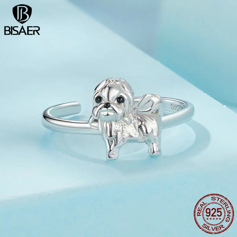 BISAER 925 Sterling Silver Shih Tzu Open Ring Pet Dog Band Adjustable Plated White Gold for Women Party Fine Jewelry ECR1073