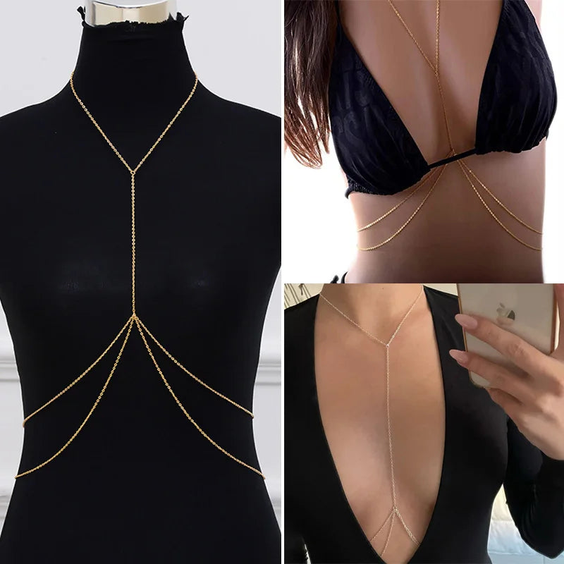 Sexy Chest Chain Bra Bikini Belly Waist Chain for Women Girls Cross Female Suit Beach Harness Necklace Breast Body Chain Jewelry