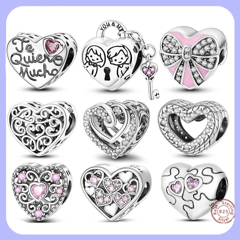 Pandora-Charm-Perlen mit Herz-Anhänger aus 925er Sterlingsilber mit CZ-Steinen, Schmuckperlen für Mädchen, Geschenke für Frauen, Armband, Halskette