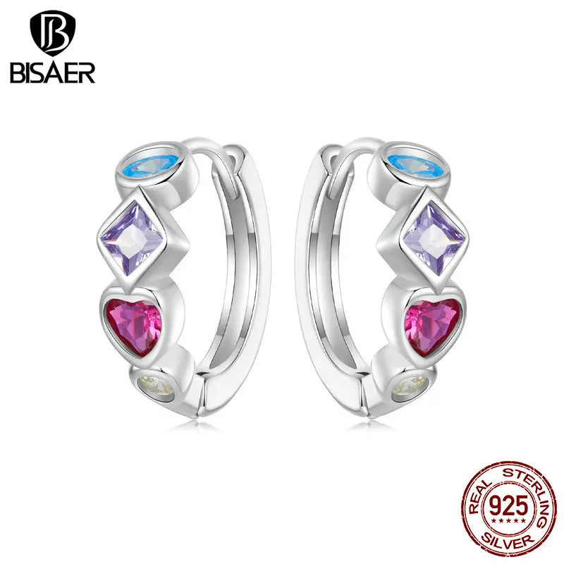 BISAER 925 Sterling Silver Colorful Zircons Stud Earrings Round Ear Clip Plated White Gold For Woman Party Fine Jewelry ECE1789