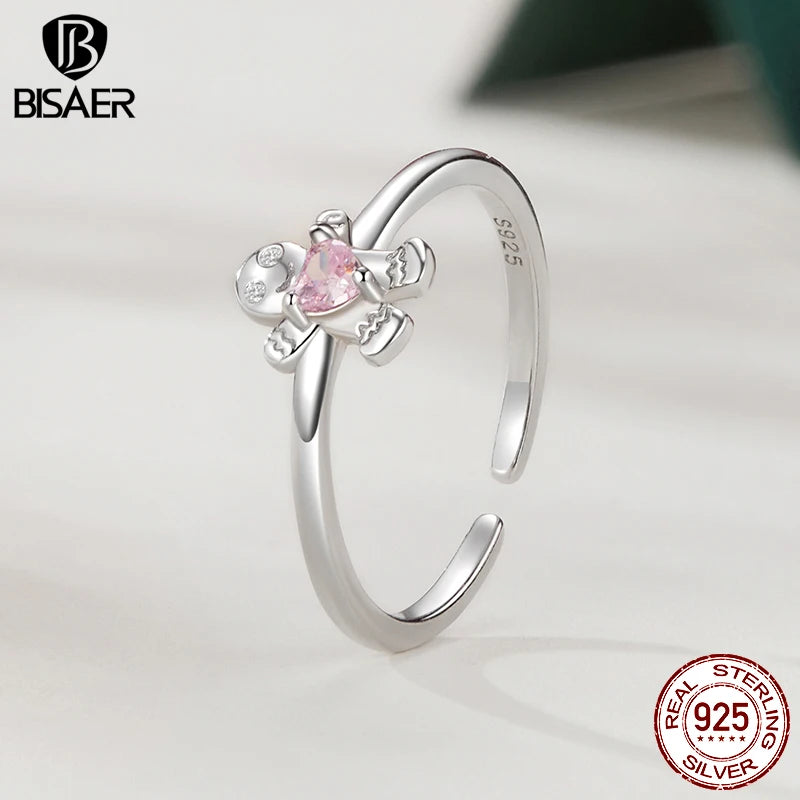 BISAER 925 Sterling Silver Gingerbread Man Open Ring Adjustable Size 5-9 Band Plated White Gold for Women Party Fine Jewelry